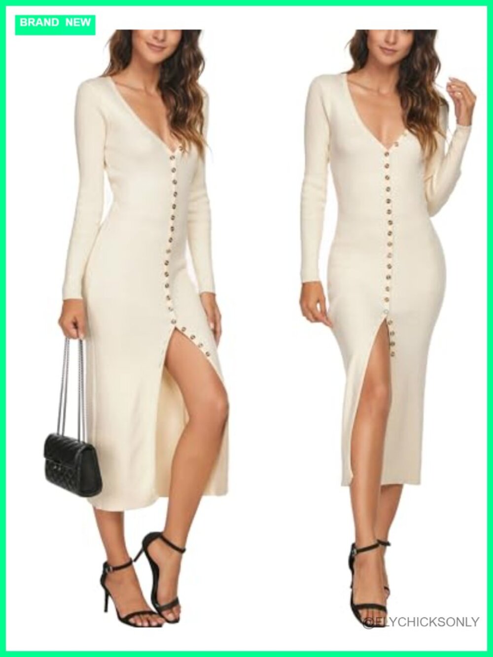 Women V Neck Button Down Maxi Cardigan Sweater Dress Long Sleeve